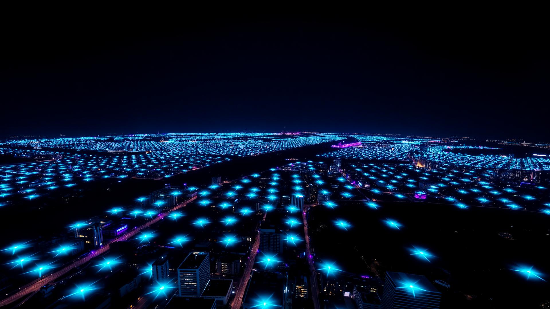 Drone show over city skyline at night